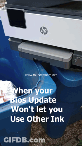 An Hp Printer Sits On Top Of A Blue Bin GIF