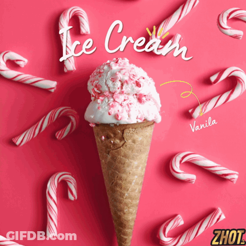 An Ice Cream Cone Surrounded By Candy Canes With The Words Ice Cream Vanilla Written Above It GIF