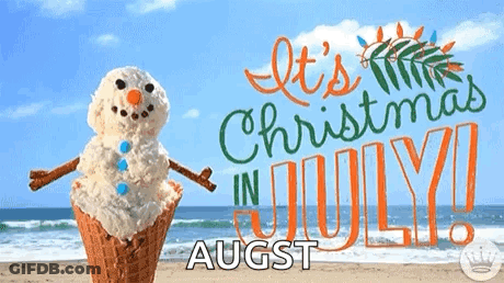 An Ice Cream Cone With A Snowman Made Out Of Ice Cream And The Words " It 'S Christmas In July " GIF
