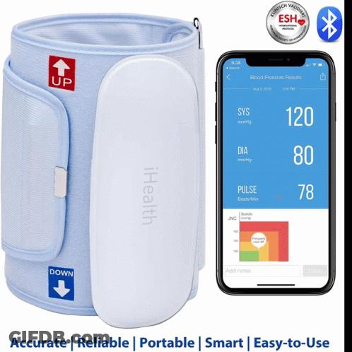 An Ihealth Blood Pressure Monitor Is Displayed Next To A Smart Phone GIF