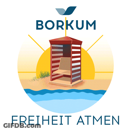 An Illustration Of A Beach Hut With The Words Borkum Freiheit Atmen Underneath It GIF