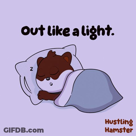 An Illustration Of A Bear Sleeping With The Words Out Like A Light Hustling Hamster Below It GIF