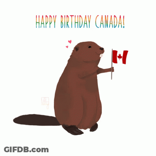 An Illustration Of A Beaver Holding A Canadian Flag With The Words Happy Birthday Canada GIF