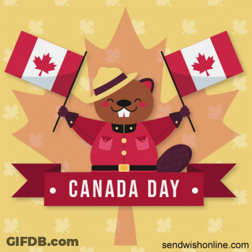 An Illustration Of A Beaver Holding Canadian Flags And A Banner That Says Canada Day GIF