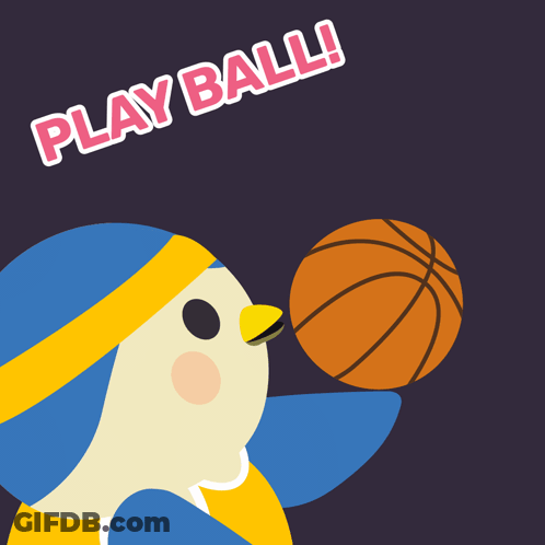 An Illustration Of A Bird Holding A Basketball With The Words Play Ball Below It GIF
