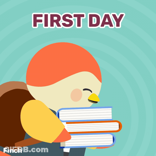 An Illustration Of A Bird Holding A Stack Of Books With The Words First Day Written Above It GIF