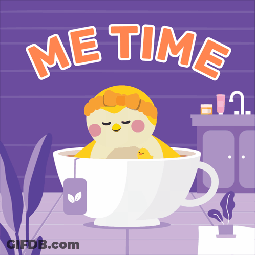 An Illustration Of A Bird In A Cup Of Tea With The Words Me Time Written Above It GIF
