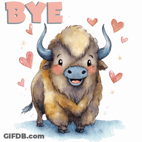 An Illustration Of A Bison With Hearts And The Words Bye Above It GIF