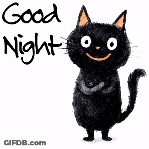 An Illustration Of A Black Cat With The Words Good Night Written Below It GIF
