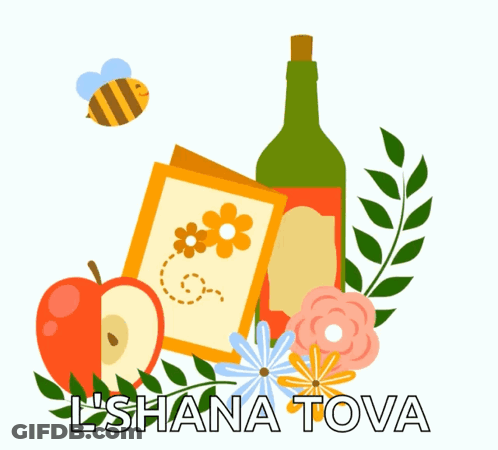 An Illustration Of A Bottle Of Wine An Apple And Flowers With The Words ' L'shana Tova ' On The Bottom GIF