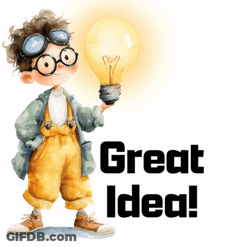 An Illustration Of A Boy Holding A Light Bulb With The Words " Great Idea " Below Him GIF