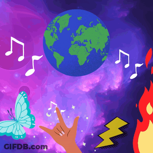 An Illustration Of A Butterfly A Lightning Bolt And A Hand With Music Notes GIF