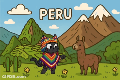 An Illustration Of A Cat And A Llama With The Word Peru Above Them GIF