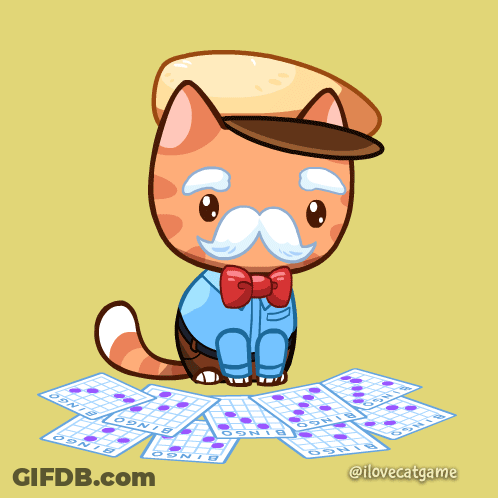 An Illustration Of A Cat Holding A Bingo Card With Bingo Written On It GIF
