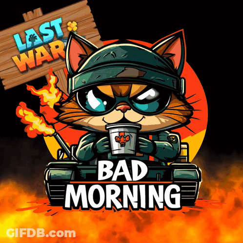 An Illustration Of A Cat In A Tank Holding A Cup With The Words Bad Morning Below It GIF