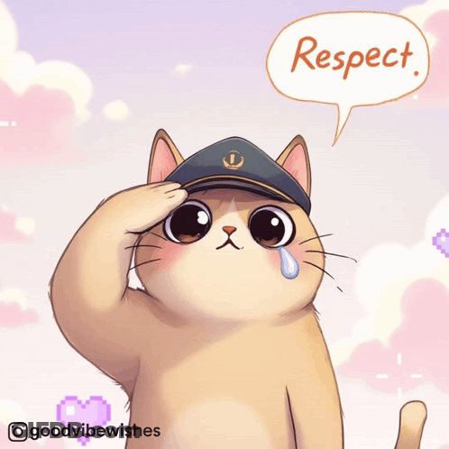 An Illustration Of A Cat Saluting With A Speech Bubble Saying Respect GIF