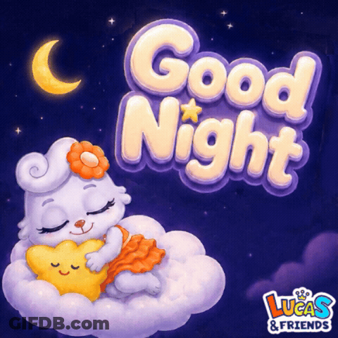 An Illustration Of A Cat Sleeping On A Cloud With The Words Good Night GIF