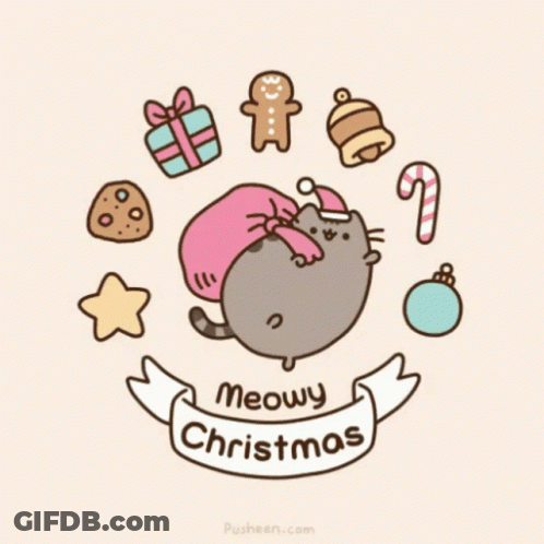 An Illustration Of A Cat Surrounded By Christmas Decorations And Says Meowy Christmas GIF