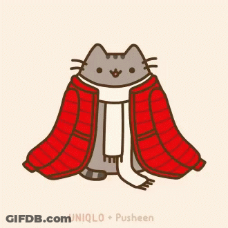 An Illustration Of A Cat Wearing A Red Jacket And Scarf By Uniqlo And Pusheen GIF
