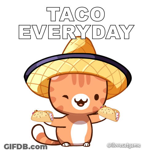 An Illustration Of A Cat Wearing A Sombrero And Holding Two Tacos GIF