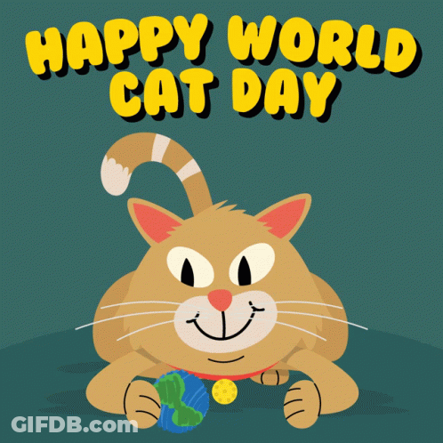 An Illustration Of A Cat With The Words Happy World Cat Day Written Above It GIF