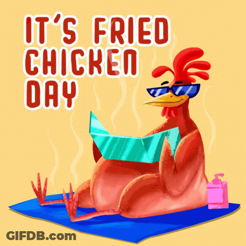 An Illustration Of A Chicken Reading A Book With The Words " It 'S Fried Chicken Day " Above It GIF