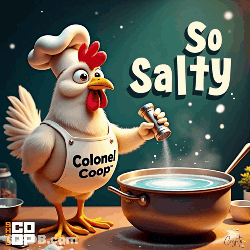 An Illustration Of A Chicken Wearing A Colonel Coop Apron Holding A Pepper Shaker GIF
