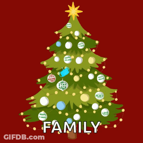 An Illustration Of A Christmas Tree With Decorations That Say Family GIF
