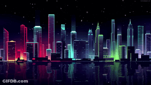 An Illustration Of A City Skyline At Night With A Reflection Of The City In The Water GIF