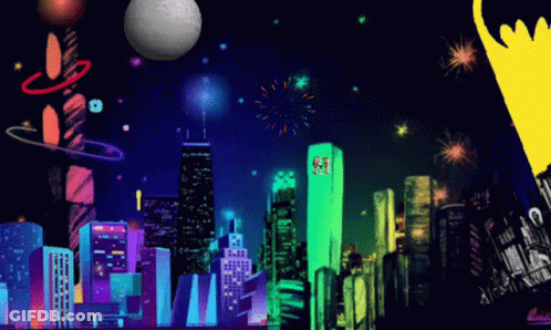 An Illustration Of A City Skyline At Night With The Word Chicago On The Top Of A Building GIF