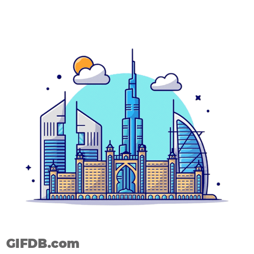 An Illustration Of A City Skyline With The Words Come To Dubai GIF