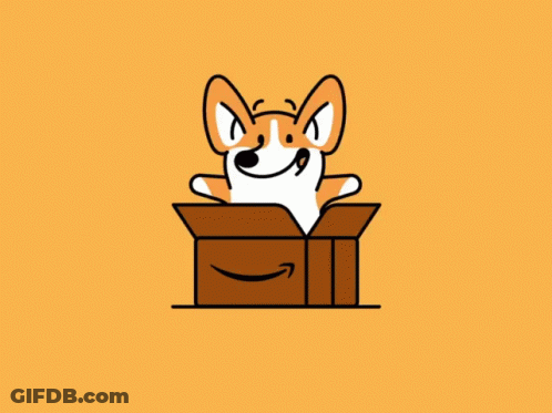 An Illustration Of A Dog Coming Out Of A Brown Box GIF