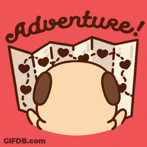 An Illustration Of A Dog Holding A Map With The Word Adventure Written Above It GIF