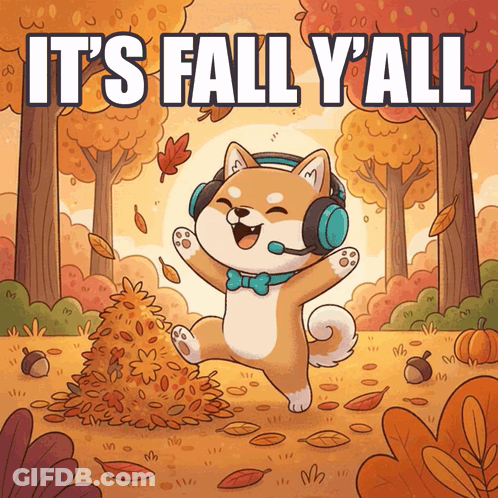 An Illustration Of A Dog Wearing Headphones With The Words It 'S Fall Y'all Above It GIF