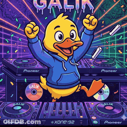 An Illustration Of A Duck Wearing A Blue Hoodie Standing In Front Of Pioneer Dj Equipment GIF