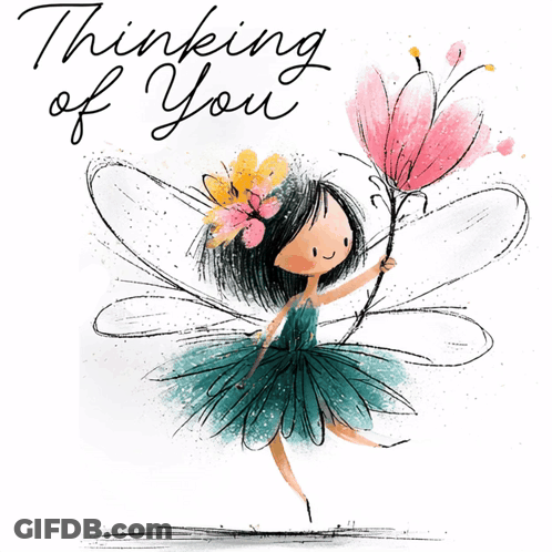 An Illustration Of A Fairy Holding A Pink Flower With The Words Thinking Of You Below Her GIF