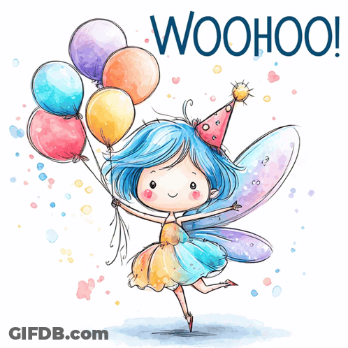 An Illustration Of A Fairy Holding Balloons With The Words Woohoo Written Below Her GIF
