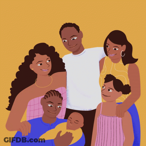 An Illustration Of A Family Posing For A Picture Including A Man Holding A Baby GIF