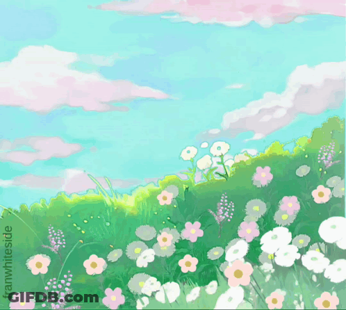 An Illustration Of A Field Of Flowers With The Words Here Comes The Sun GIF