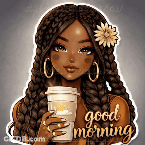 An Illustration Of A Girl Holding A Cup Of Coffee With The Words Good Morning Written On It GIF