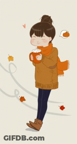 An Illustration Of A Girl Holding A Cup Of Hot Chocolate With Whipped Cream GIF