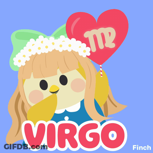 An Illustration Of A Girl Holding A Heart Shaped Balloon With Virgo Written On It GIF