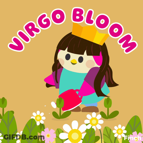 An Illustration Of A Girl Watering Flowers With The Words Virgo Bloom In The Background GIF