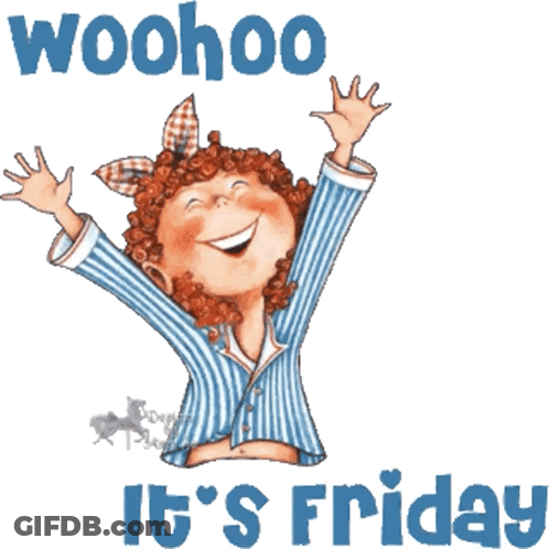 An Illustration Of A Girl With Her Arms In The Air And The Words Woohoo It 'S Friday GIF
