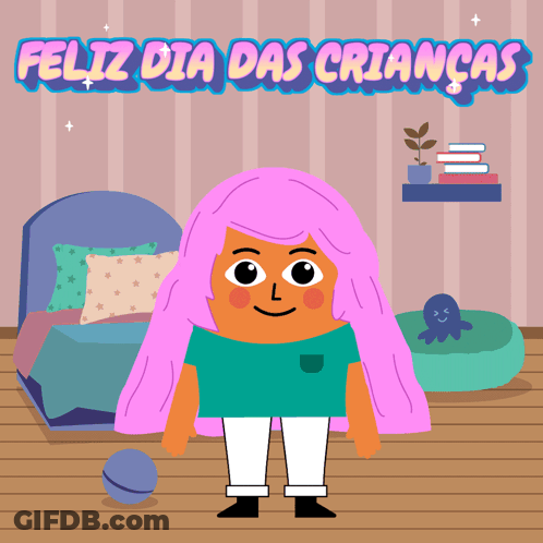 An Illustration Of A Girl With Pink Hair Says Feliz Dia Das Crianças GIF