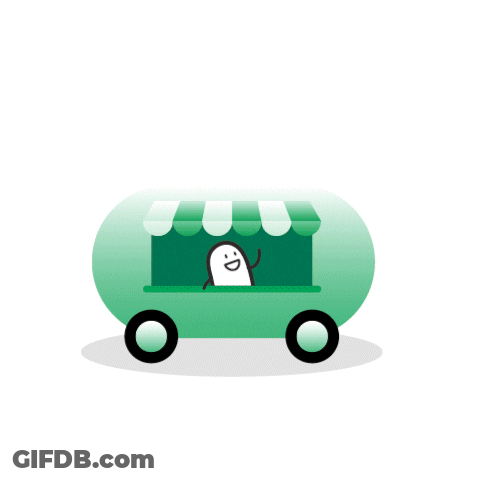 An Illustration Of A Green Bus With A Penguin Looking Out Of The Window GIF