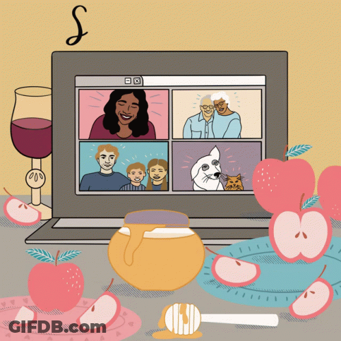 An Illustration Of A Group Of People On A Video Call With Apples And Honey GIF