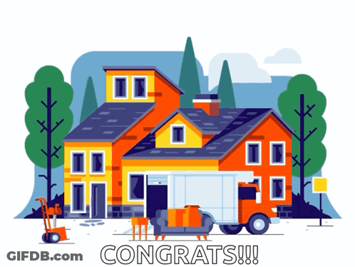 An Illustration Of A House And A Truck With The Words Congrats Below It GIF