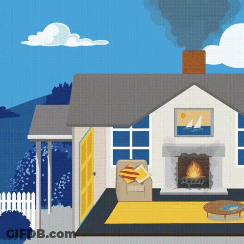 An Illustration Of A House With A Fireplace And Smoke Coming From The Chimney GIF