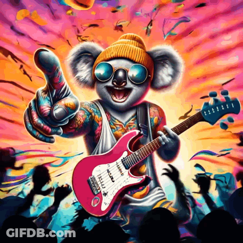 An Illustration Of A Koala Playing A Guitar And Giving A Thumbs Up GIF
